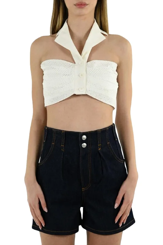 Draped Crop Top In Stretch Poplin In White