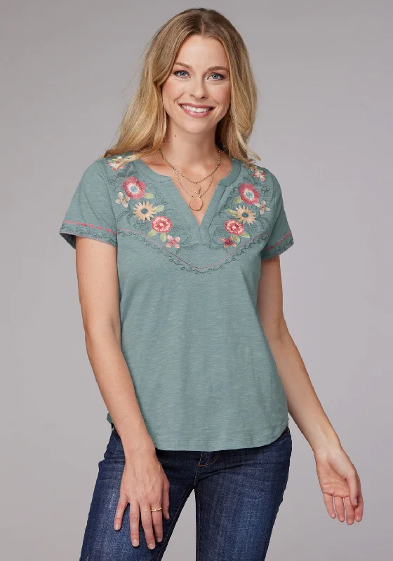 Roper Womens Floral Split V Blue 100% Cotton S/S T-Shirt