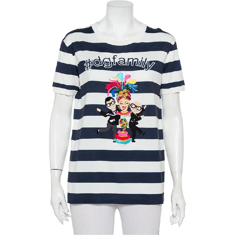 Dolce & Gabbana White & Navy Blue Striped Cotton Patch Detail Crewneck T-Shirt