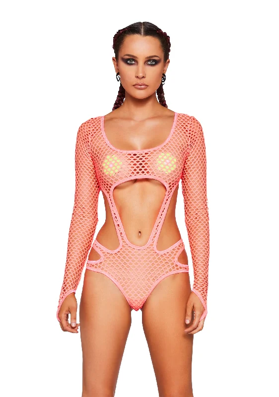 Atomic Bliss Fishnet Bodysuit - Neon Pink