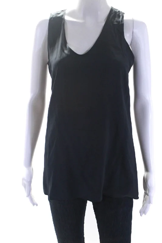 Brunello Cucinelli Womens Scoop Neck Silk Tank Top Navy Blue