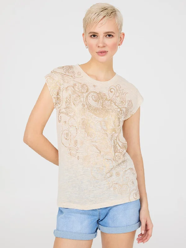 Foil Paisley Print Short Dolman Sleeve T-Shirt