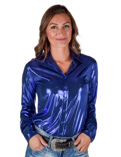 Cowgirl Tuff Womens Shiny Metallic Blue Polyester L/S Shirt