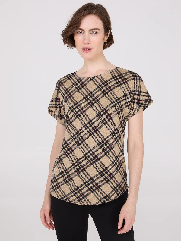 Plaid Cuffed Dolman Sleeve T-Shirt