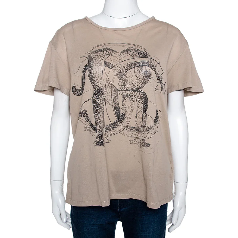 Roberto Cavalli Brown Logo Print Cotton Pique T-Shirt