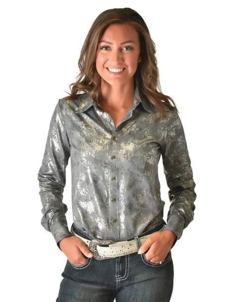 Cowgirl Tuff Womens Metallic Snakeskin Gray Polyester L/S Shirt