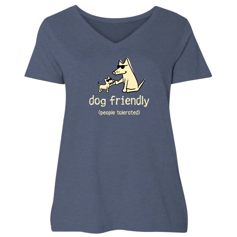 Dog Friendly People Tolerated - Ladies Curvy V-Neck Tee