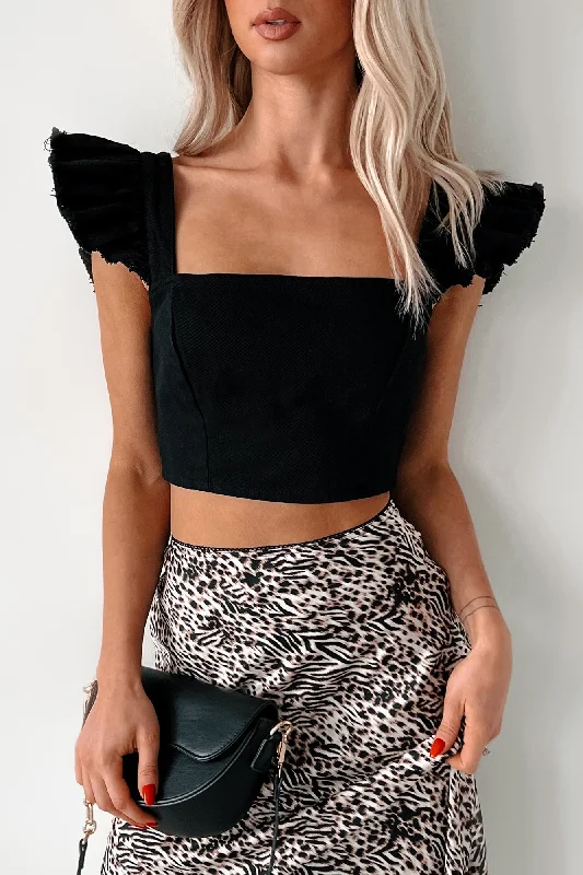 Summer Ready Ruffle Sleeve Denim Crop Top (Black)