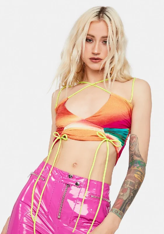 Color Waves Ombre Drawstring Crop Top