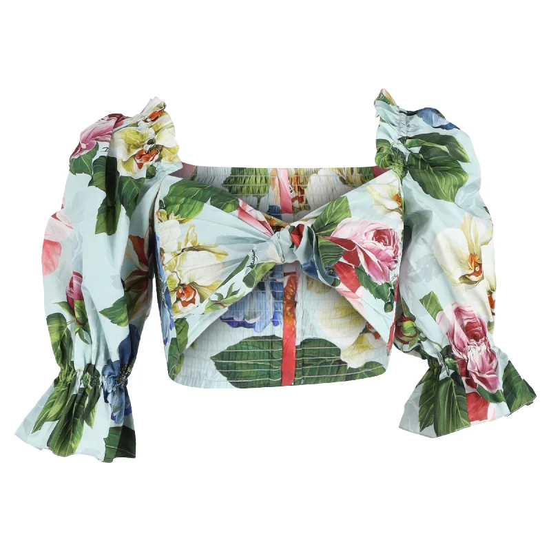 Dolce & Gabbana Floral Print Puffed Sleeve Crop Top in Multicolor Cotton