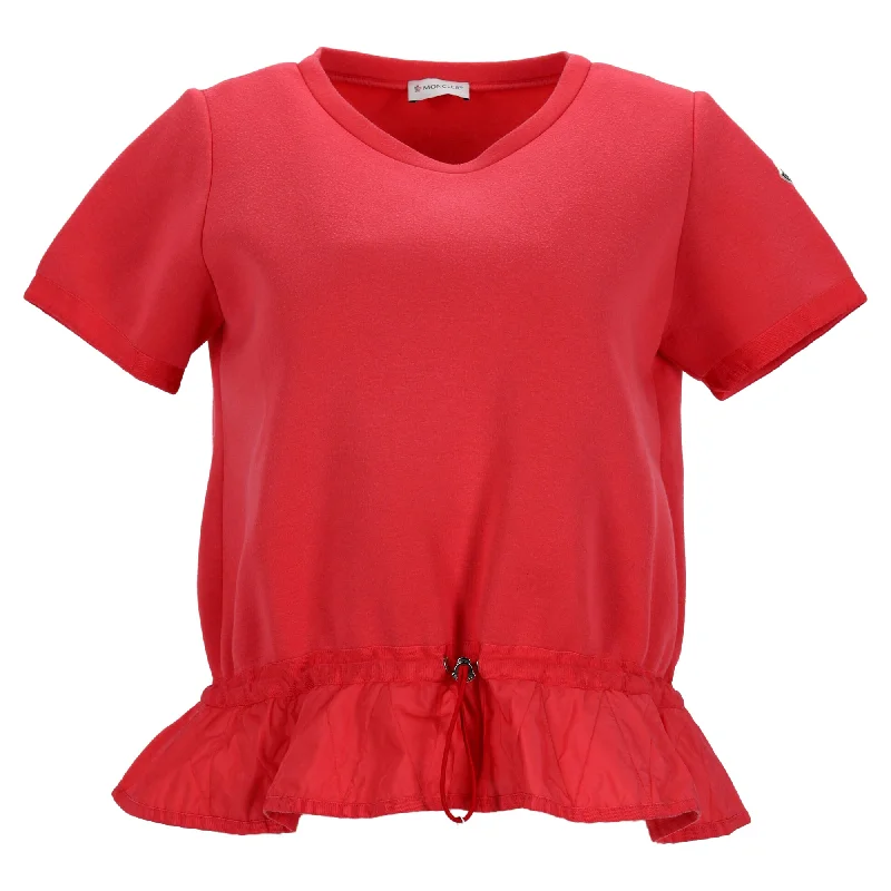 Moncler V-Neck Drawstring Waistband T-Shirt in Red Cotton