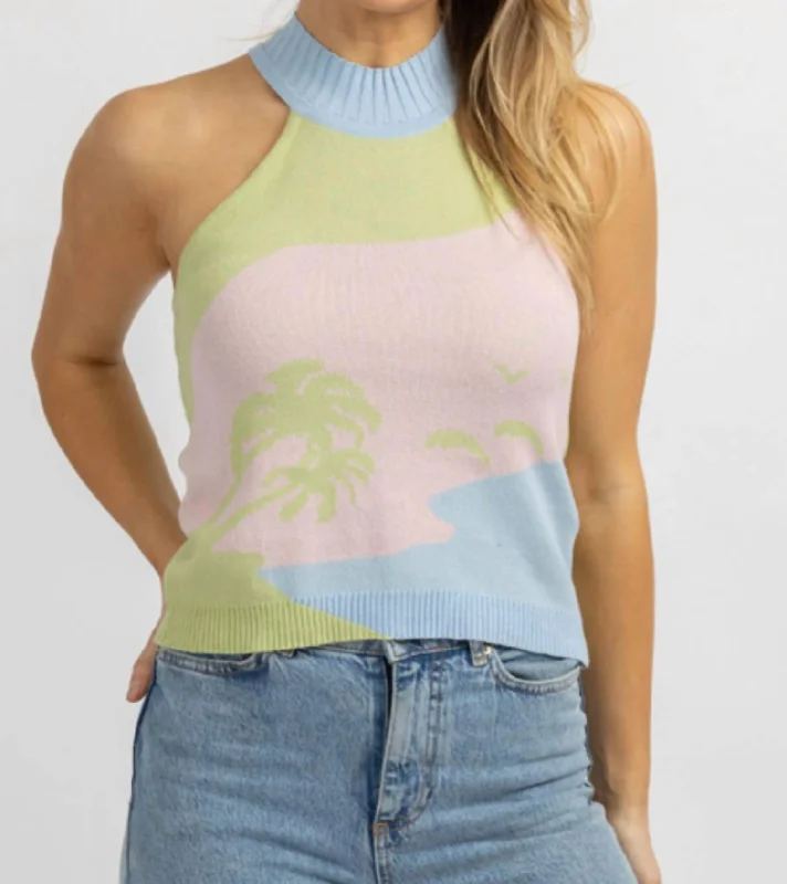 Beach Scene Knit Mockneck Tank Top In Multi