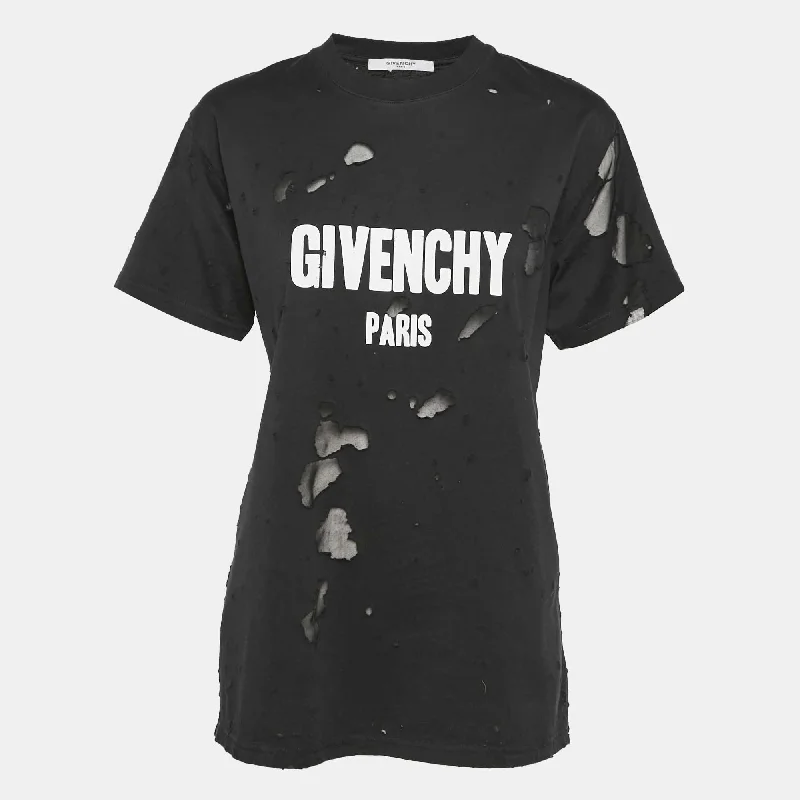 Givenchy Black Logo Print Distressed Cotton Crew Neck T-Shirt