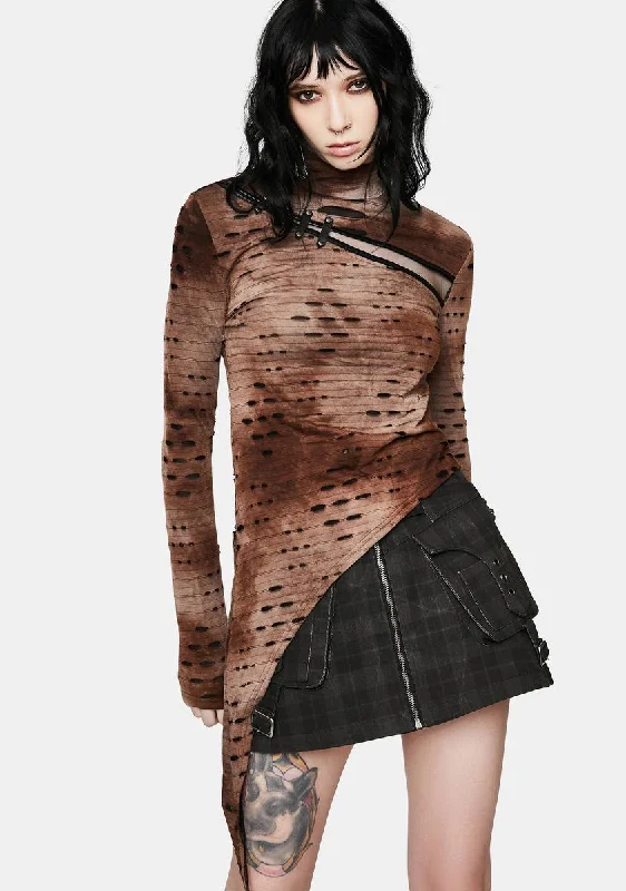 Brown Steampunk Asymmetrical Distressed T-Shirt