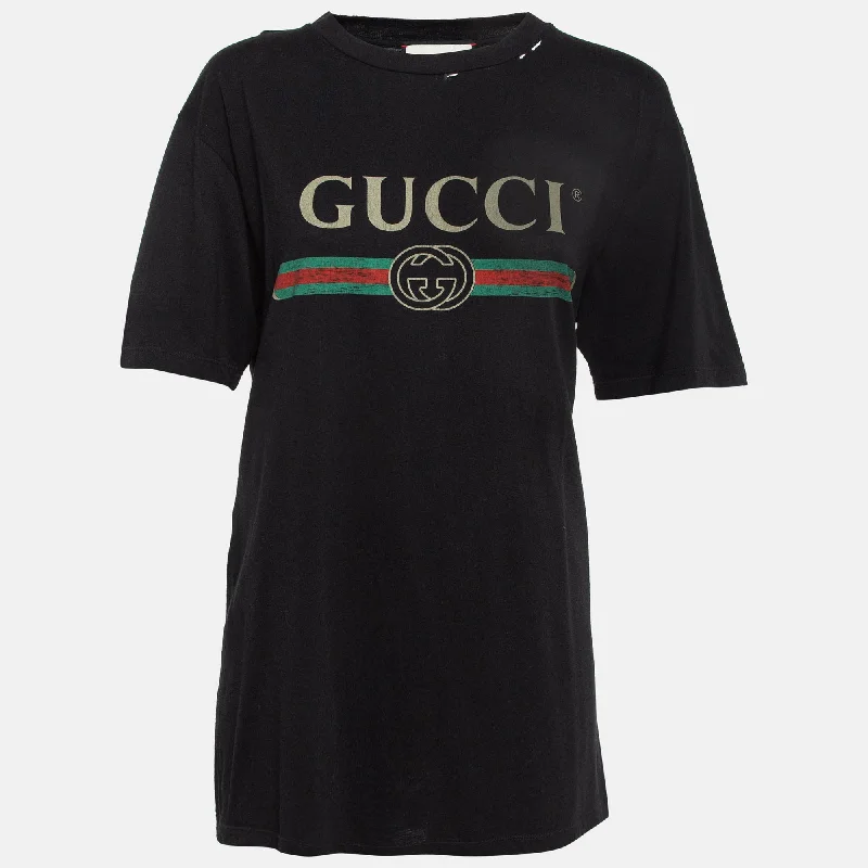 Gucci Black Logo Print Distressed Cotton T-Shirt