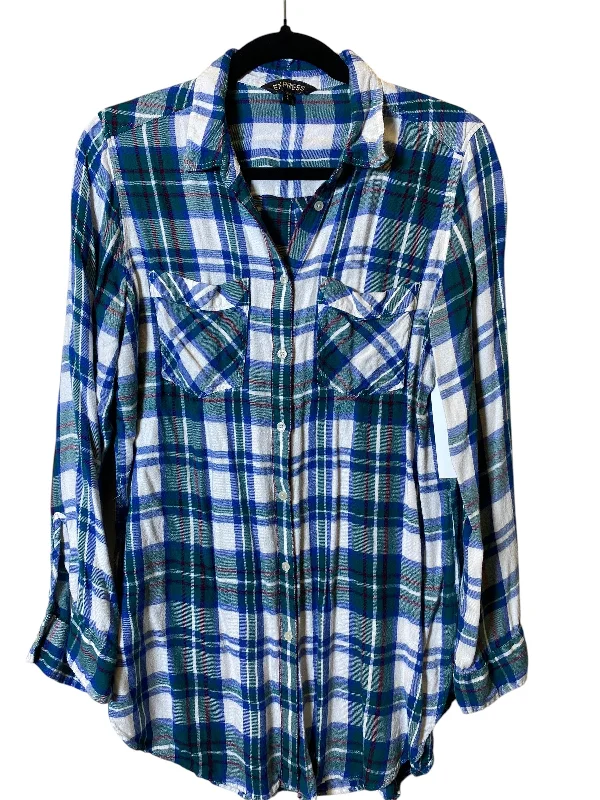 Blouse Long Sleeve By Express In Plaid Pattern, Size: L