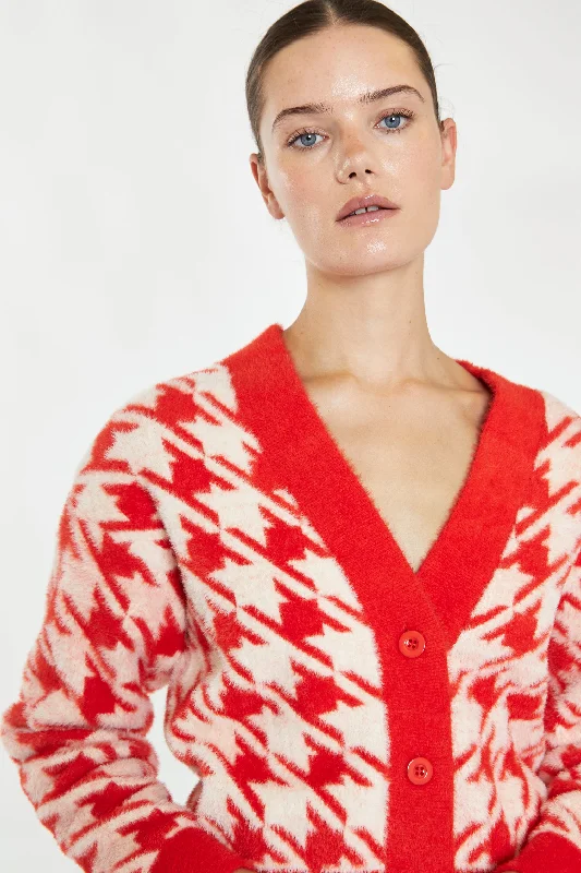 Popular Collection Glamorous Orange Cream Dogtooth Print Crop Cardigan