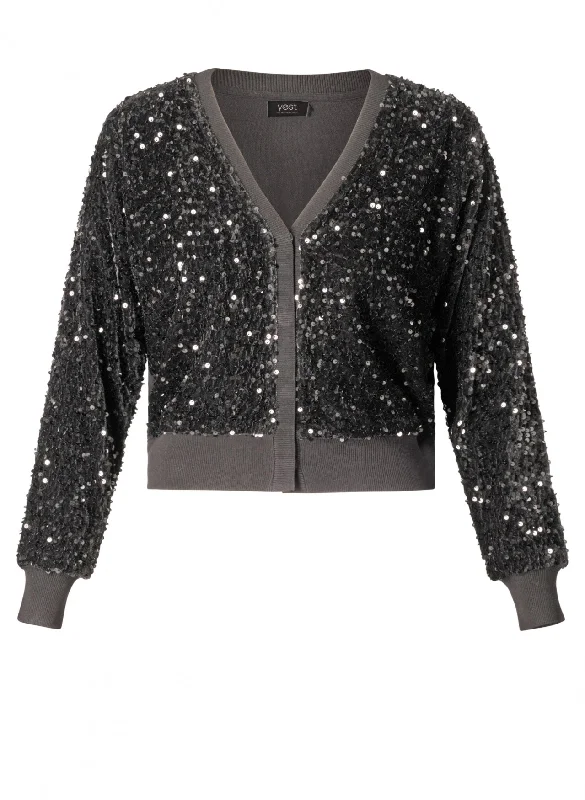 Casual Chic zilvergrijze cardigan met pailletten