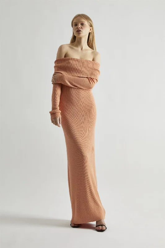 Exclusive Deals Online Dusty-Peach Glitter Knitted Bardot Maxi-Dress