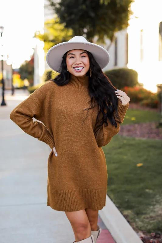 Celebrate With Big Savings Definitely Chic Camel Mini Sweater Dress - DOORBUSTER