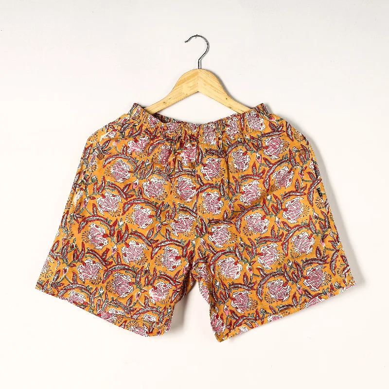 Yellow - Sanganeri Block Printed Cotton Unisex Boxer/Shorts