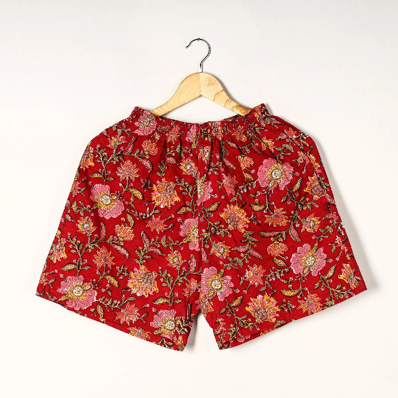 Red - Sanganeri Block Printed Cotton Unisex Boxer/Shorts