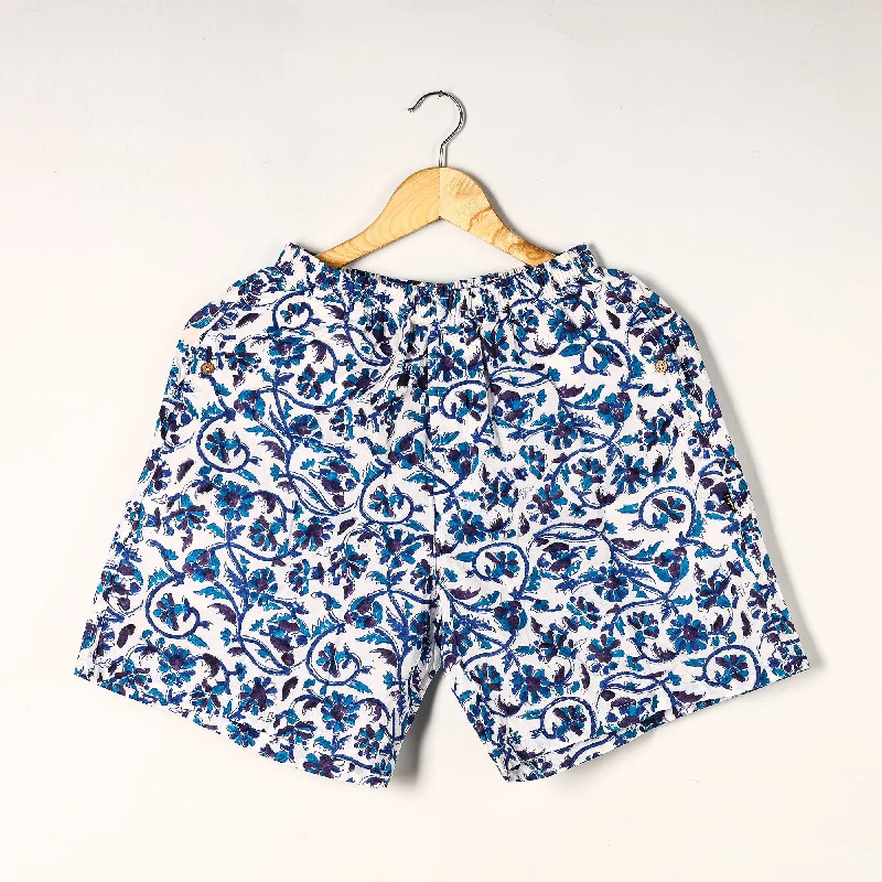 Blue - Sanganeri Block Printed Cotton Unisex Boxer/Shorts