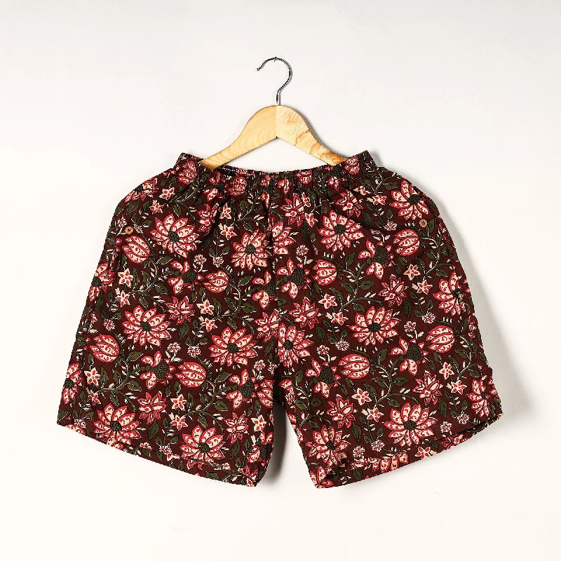 Maroon - Sanganeri Block Printed Cotton Unisex Boxer/Shorts