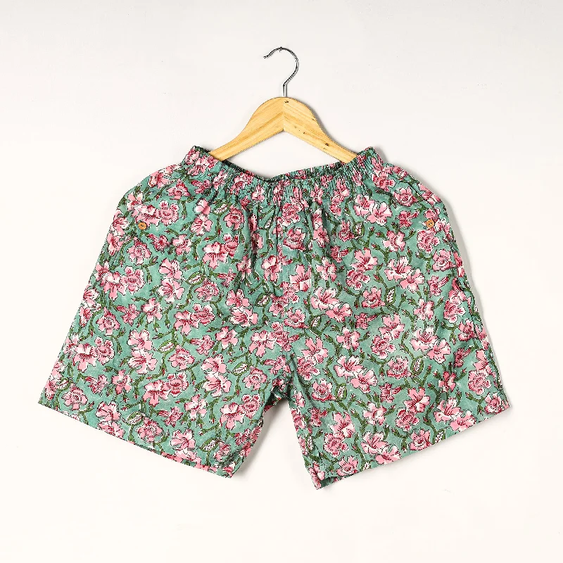 Green - Sanganeri Block Printed Cotton Unisex Boxer/Shorts