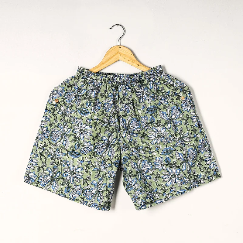 Green - Sanganeri Block Printed Cotton Unisex Boxer/Shorts