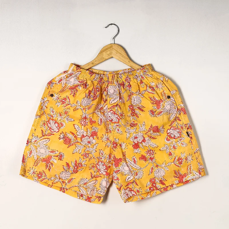 Yellow - Sanganeri Block Printed Cotton Unisex Boxer/Shorts