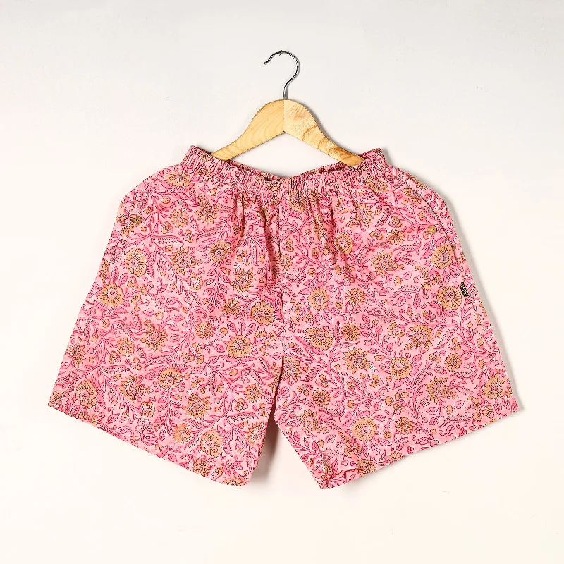 Pink - Sanganeri Block Printed Cotton Unisex Boxer/Shorts