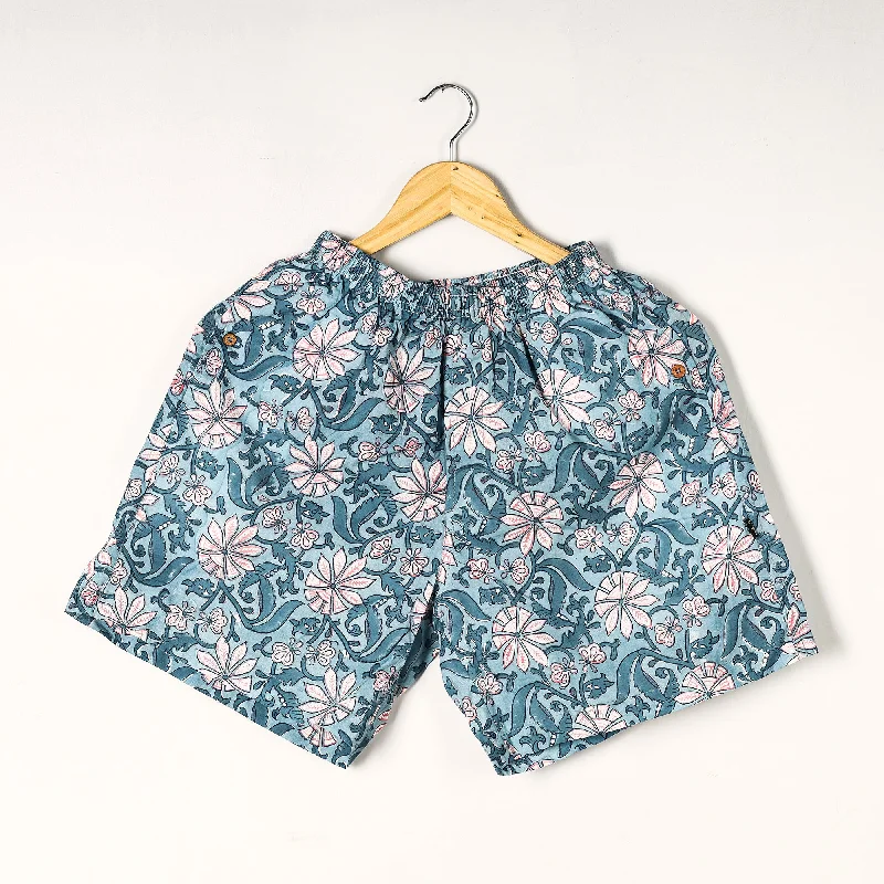 Blue - Sanganeri Block Printed Cotton Unisex Boxer/Shorts