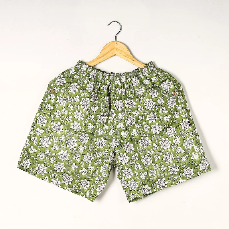 Green - Sanganeri Block Printed Cotton Unisex Boxer/Shorts