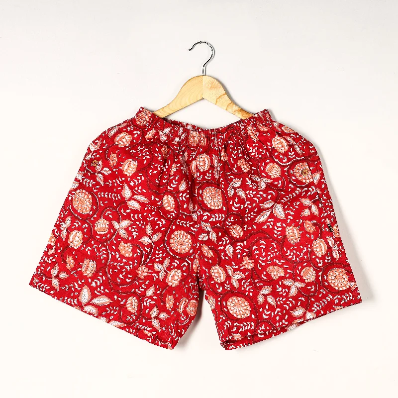 Red - Sanganeri Block Printed Cotton Unisex Boxer/Shorts