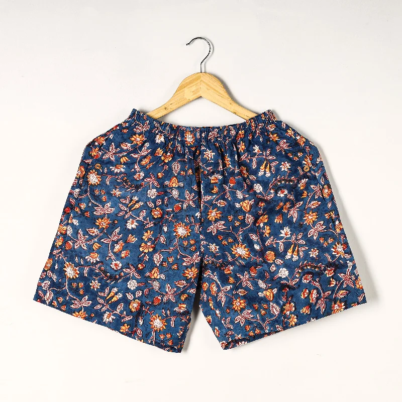 Blue - Sanganeri Block Printed Cotton Unisex Boxer/Shorts