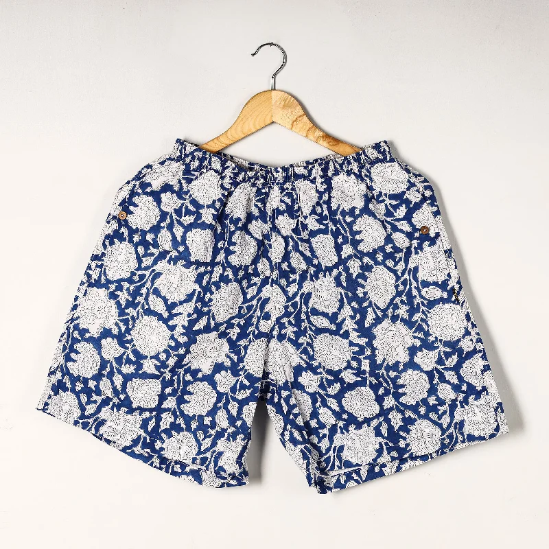 Blue - Sanganeri Block Printed Cotton Unisex Boxer/Shorts