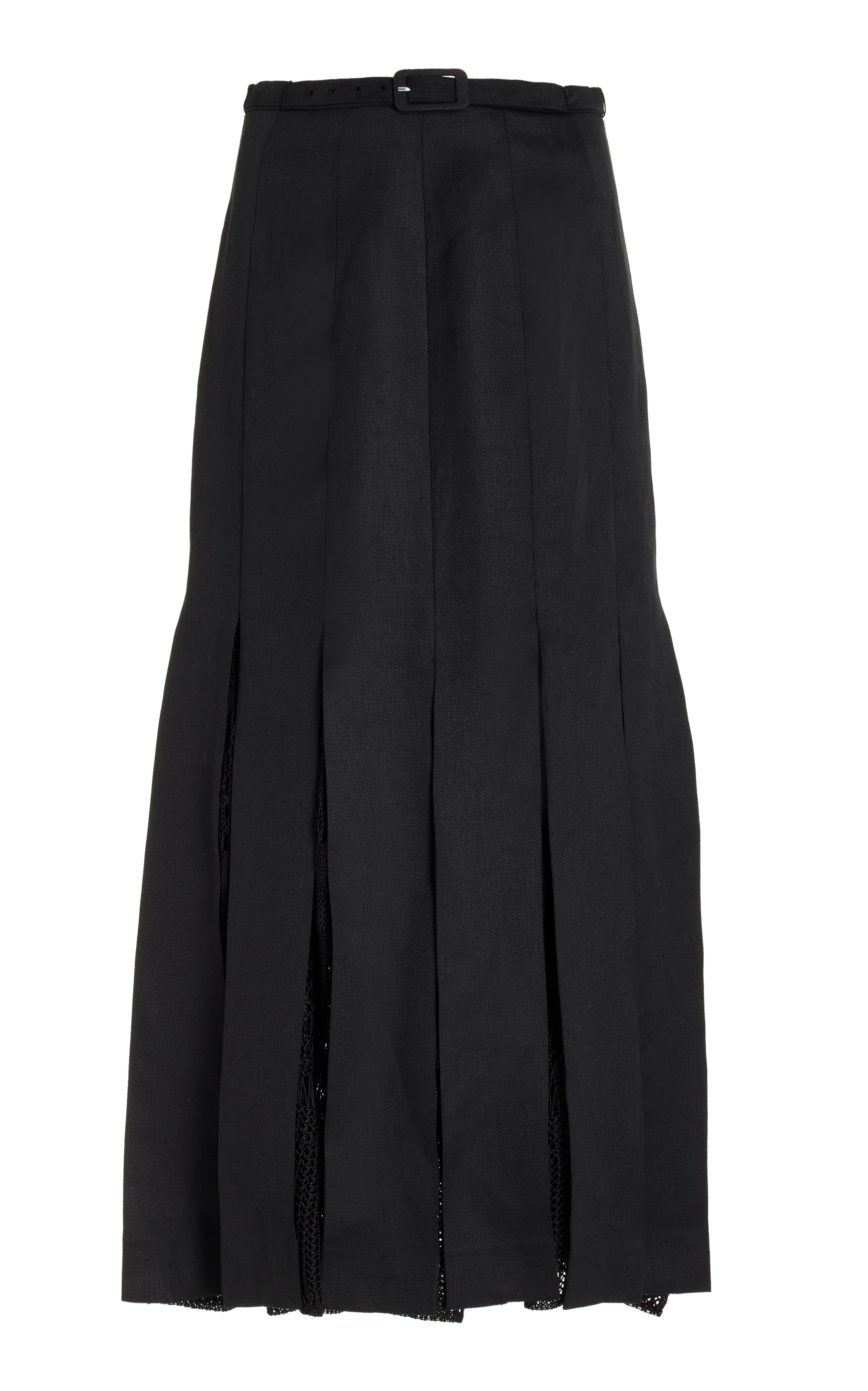 Edith Pleated Midi Skirt in Black Textured Linen