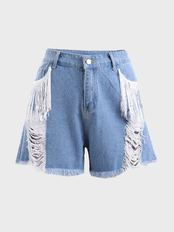 Midsize Individual Character Fringe Denim Shorts