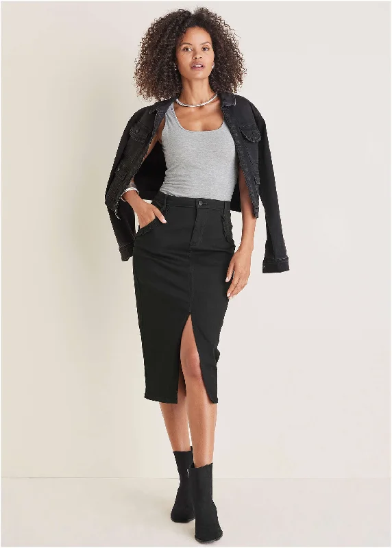 Ruffle Denim Midi Skirt - Black