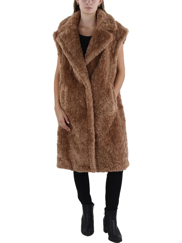 Womens Notch Collar Midi Faux Fur Coat