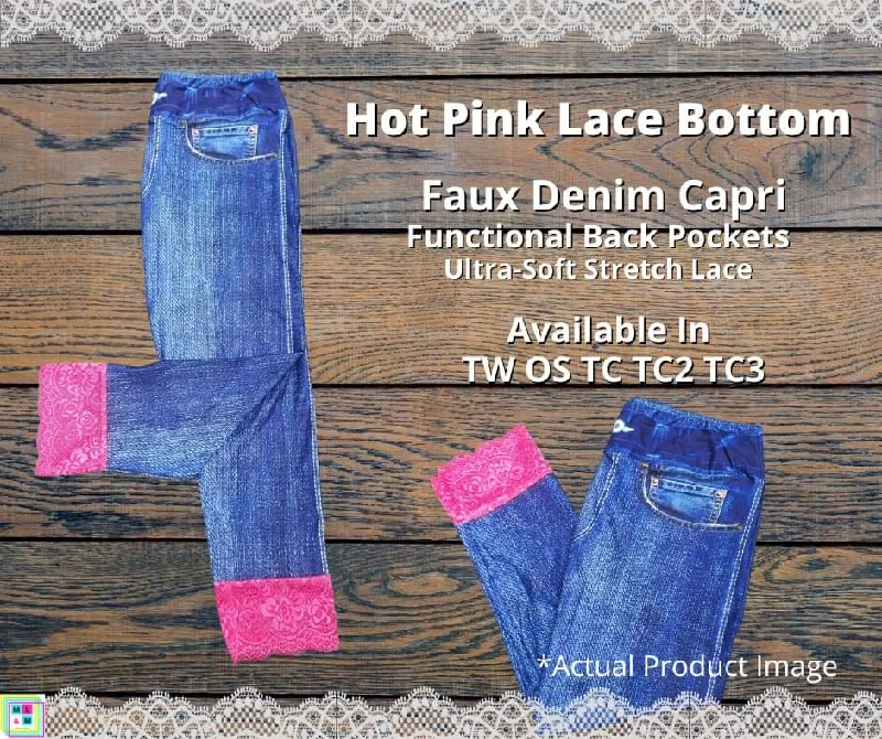 Blue Faux Denim Capris w/ Hot Pink Lace