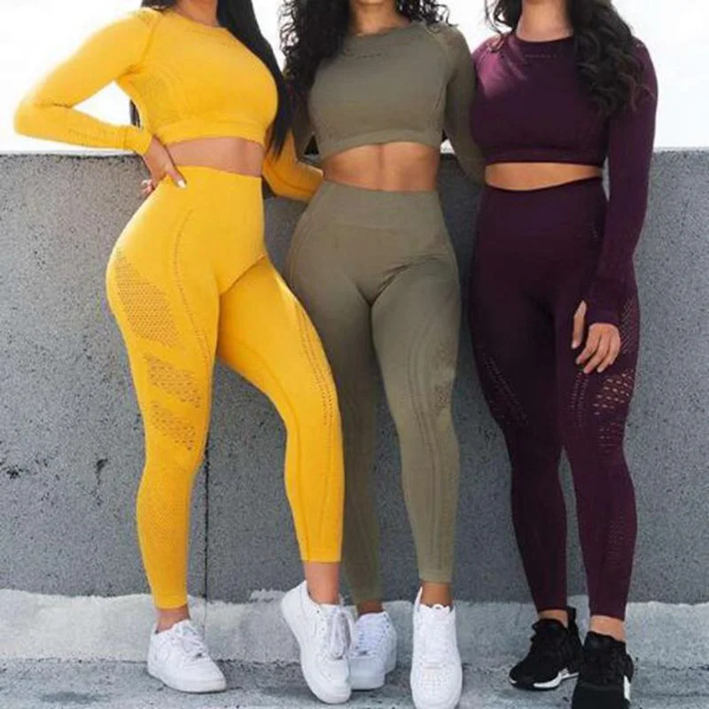 Women Seamless Yoga Sets High Waist Gym Mesh Leggings Shirts Suit Long Sleeve Fitness Workout Sports Running Thin Yoga Sets